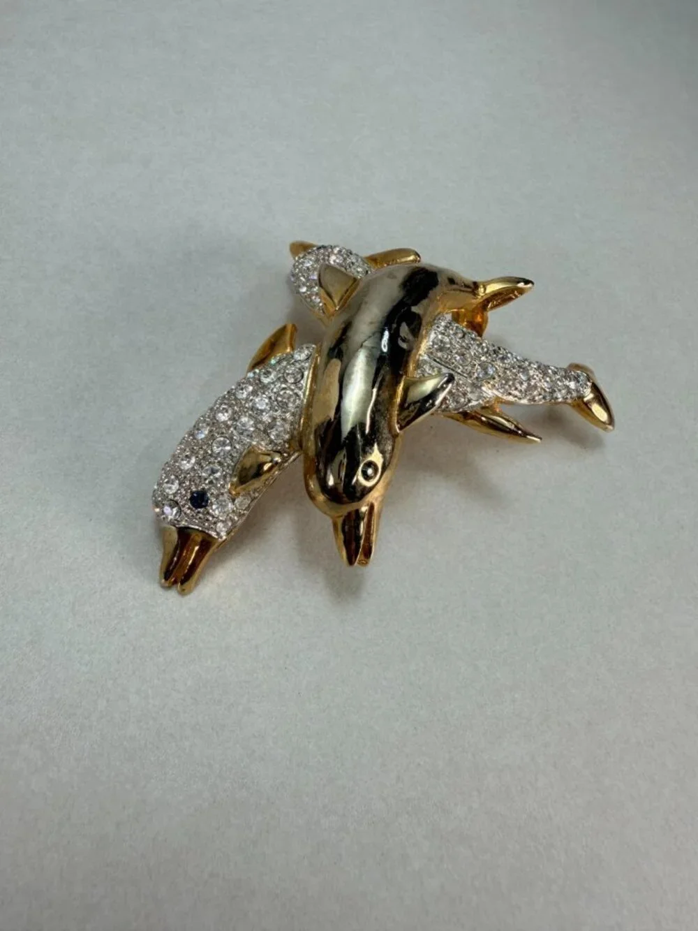 Vintage Dolphin Brooch Rhinestone Gold Tone Double Dolphin Ocean Figural Pin